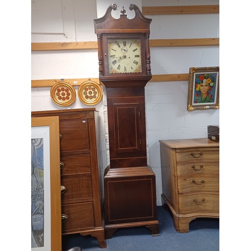 224 - A 19th century mahogany and inlaid grandfather clock, the dial with roman markers and floral spandre... 