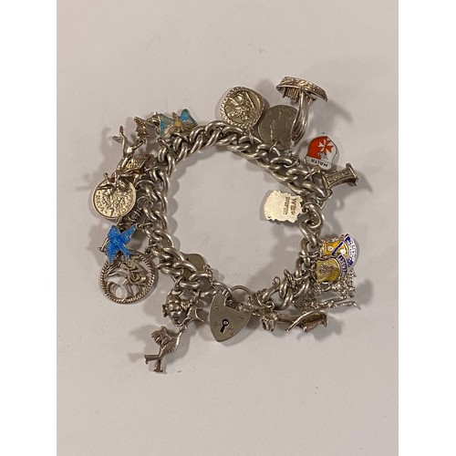 16 - A silver charm bracelet, with padlock clasp and assorted silver, coin and enamel charms -