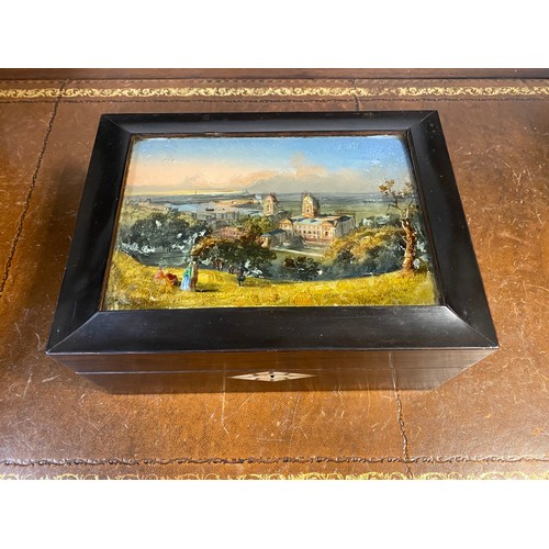 67 - A Victorian work box, the cover inset with a foiled and painted view of the Royal Naval College, Gre... 