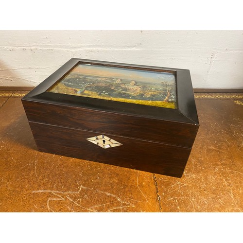 67 - A Victorian work box, the cover inset with a foiled and painted view of the Royal Naval College, Gre... 