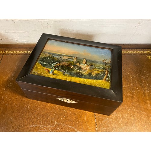 67 - A Victorian work box, the cover inset with a foiled and painted view of the Royal Naval College, Gre... 