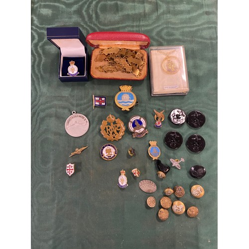 158 - Militaria: a trio of WW2 medals, together with buttons, enamel pins etc