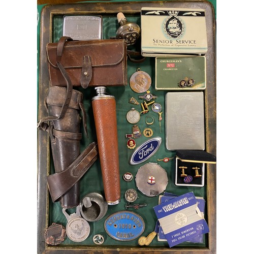 160 - A mixed lot, including spirit flask in leather case, ammo pouch, cigarette cases, badges, canal badg... 