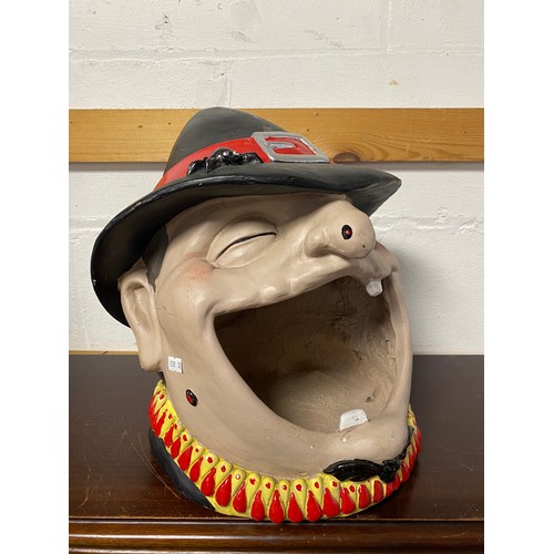 184 - A vintage fairground witch's head, wearing a black hat with spider, warty nose and gaping mouth -