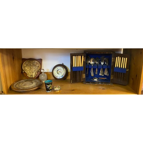 195 - A mixed lot, including oak canteen/cupboard with silver plated flatware, an inlaid tray and baromete... 