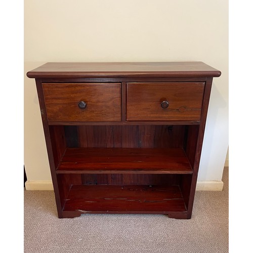 A modern hardwood bookcase, with two drawers over open shelves -