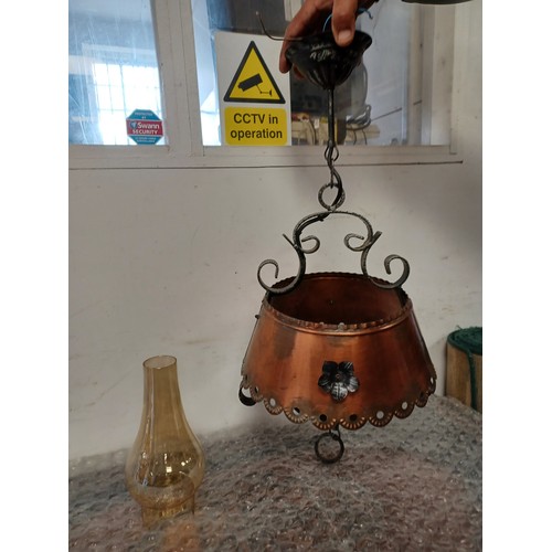 301 - An Arts & Crafts hall lantern, copper with wrought iron mount, with chimney -