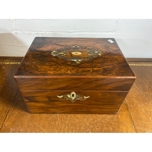88 - A 19th century walnut and inlaid dressing box, inset with brass and mother-of-pearl, the interior wi... 