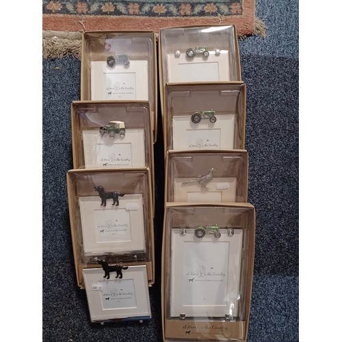 373 - Eight glass photo frames 'At Home in the Country' with enamel Land Rover, tractor, pheasant, black l... 