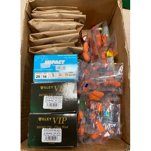 381 - Thirty 12G short blanks, two boxes 16G Bismuth, one box 16G tungsten matrix, various set of foam ear... 