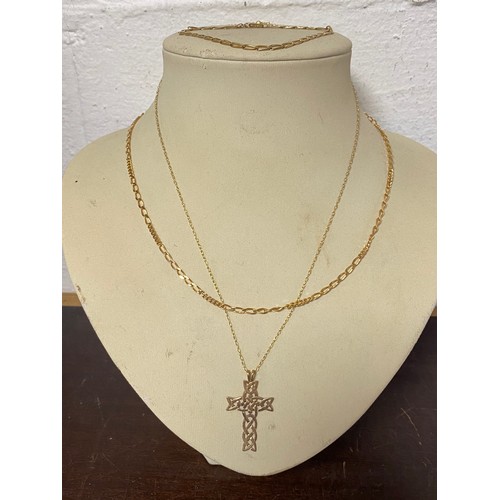 9 - A 9ct gold Celtic style cross pendant on chain, together with a 9ct necklace and a similar bracelet ... 