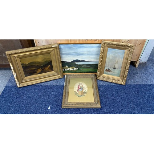 173 - A framed silkwork of a girl, together with three framed oils (4) -
