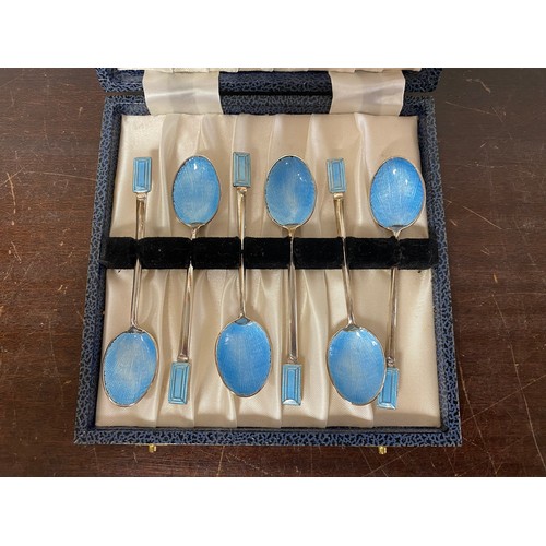 32 - A cased set of six Art Deco style silver and guilloche enamel coffee spoons, Birmingham 1971 -