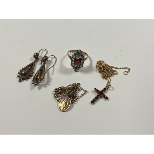 23 - A pair of Victorian gold ear pendants, together with a 9ct gold St Christopher on chain, a garnet se... 