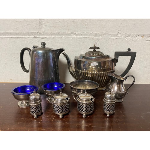 64 - A George V four piece silver cruet, Birmingham 1933, together with a plated teaset etc -