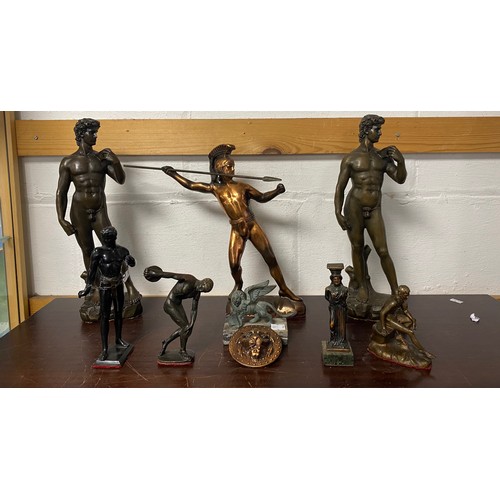 107 - A group of classical style bronzes, including David, Hermes and Discobulus thrower -