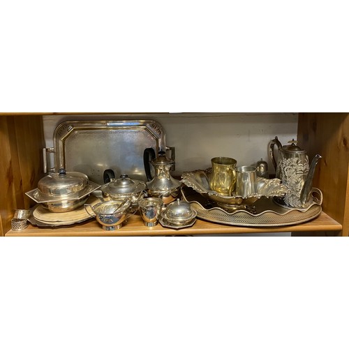 2 - A quantity of silver plated wares, including four piece teaset, gallery trays, etc -