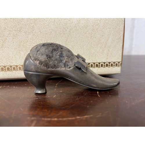 15 - A late Victorian silver pin cushion, Birmingham 1898, in the form of a shoe and a box of costume jew... 