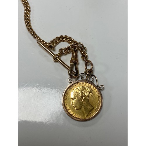 103 - A 9ct gold cased half hunter pocket watch to a 9ct watch chain suspending a 'T' bar and a Queen Vict... 