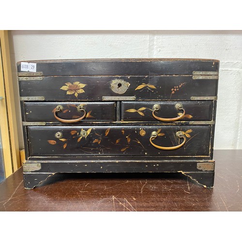 35 - A jewellery box and contents, to include silver bangle, malachite plaid brooch, two fob pencils, fru... 
