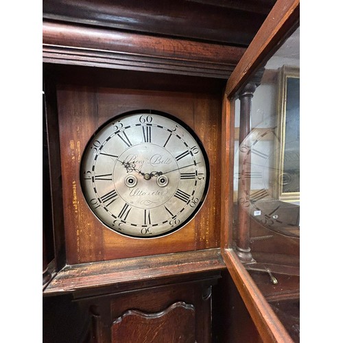 336 - A 19th century oak cased grandfather clock, the shell dial signed for Benj. Bell, Uttoxeter -