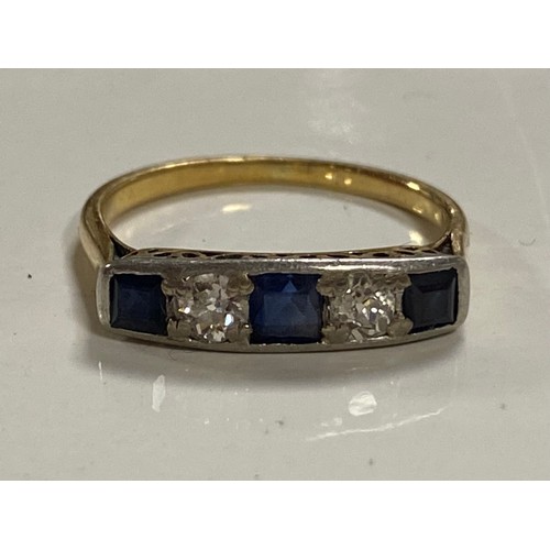 6 - A sapphire and diamond five stone ring alternately  set with round diamonds and square sapphires (po... 