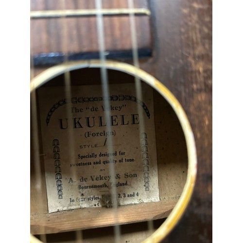 250 - A ukulele, by A de Vekey and Son, Bournemouth, in case -