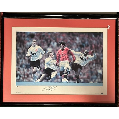 177 - Three framed limited edition photographs of Manchester United footballers, Bobby Charlton, Ryan Gibb... 