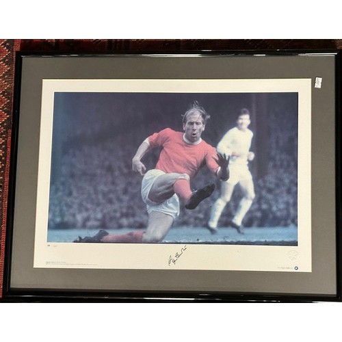 177 - Three framed limited edition photographs of Manchester United footballers, Bobby Charlton, Ryan Gibb... 