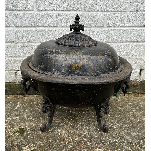 361A - A 19th Century tole peinte coal bin and cover, oval with two handles with leaf supports -