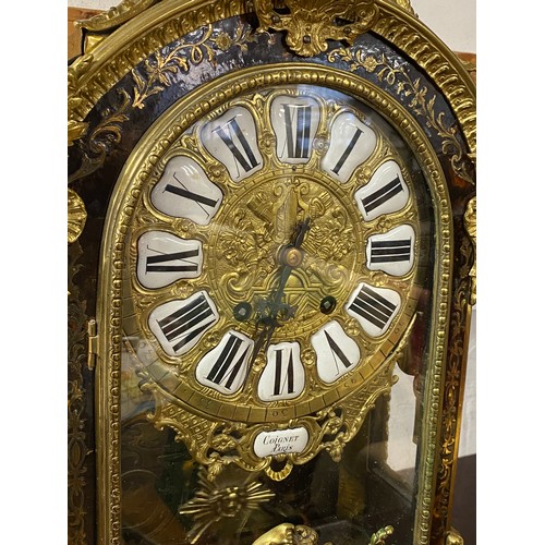 367 - A French Louis XVI style boulle ware bracket clock, surmounted by a figure with a torch, signed Coig... 