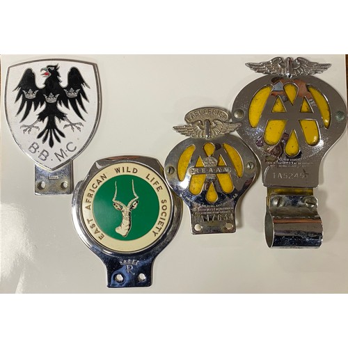 448 - Two AA badges, together with a BBMC car badge and an East African wildlife society (4) -