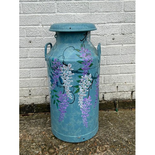 449 - A painted aluminium milk churn and cover -