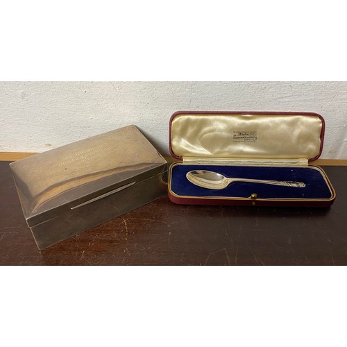 53 - A George VI silver covered cigarette box, Birmingham 1946 together with a cased George VI coronation... 