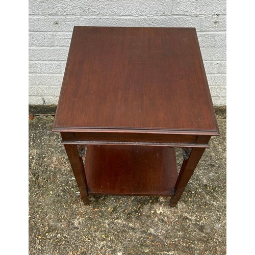 406 - A Victorian mahogany two tier side table, acanthus moulded supports-