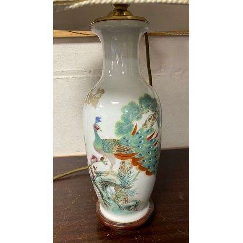 149 - A Chinese famille verte vase, converted to a lamp, enamelled with peacocks and verse -