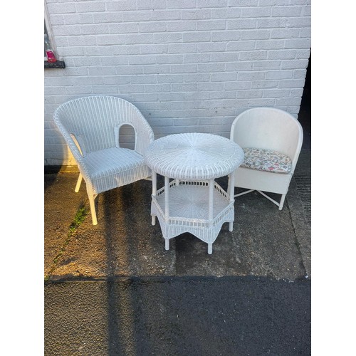 431 - A white finish Lloyd Loom style wicker table and chair, together with another chair (3) -