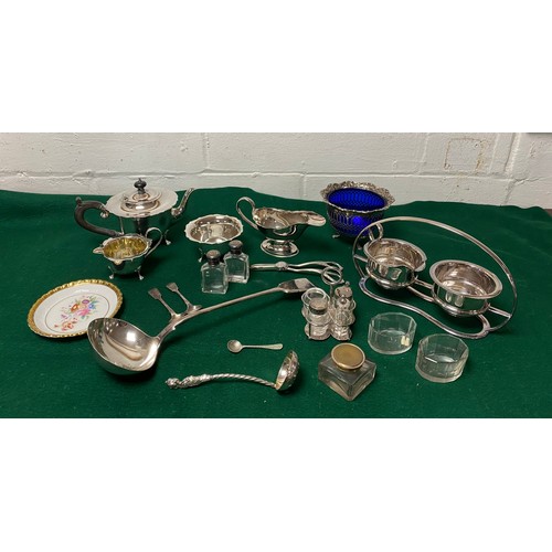 63 - A quantity of silver and plated items, to include silver mounted cruet and bottles, plated teawares,... 