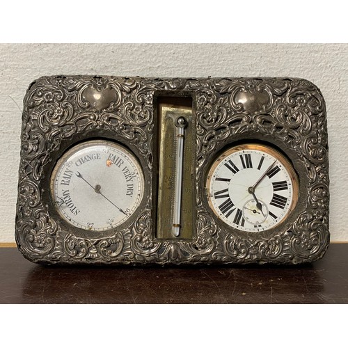 72 - An Edwardian silver mounted desk top combination clock/barometer, Birmingham 1901, with easel back -