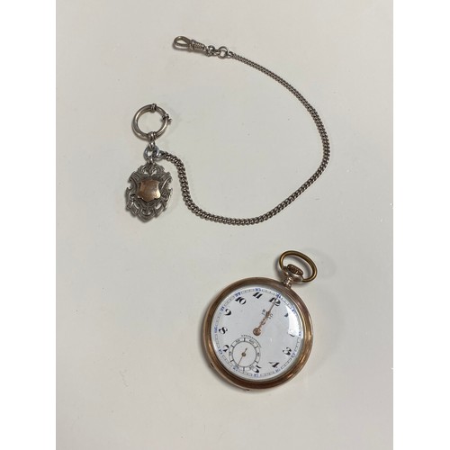 3 - An open face silver cased pocket watch, together with a watch chain with bolt ring and fob medal -