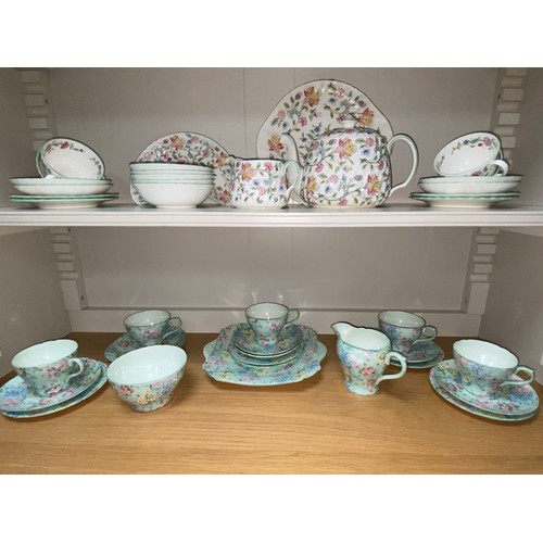 76 - A Shelley 'Melody' pattern part tea set, together with a Minton 'Haddon Hall' tea set and Paragon te... 