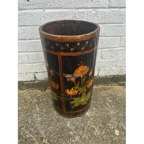 277 - A coopered wooden stick stand painted with flowers -