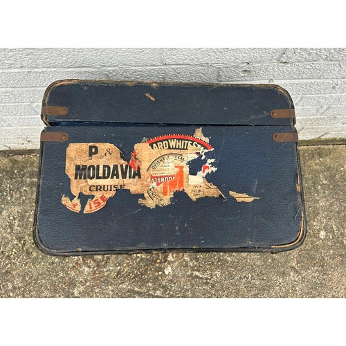 392 - A vintage trunk, with postage labels, including Cunard White Star Line -