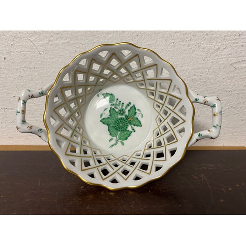 133 - A Herend porcelain pierced basket dish, painted with green flowers  -