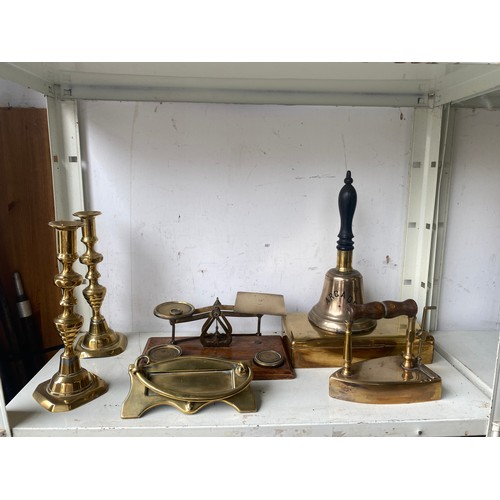 258 - A set of Edwardian postal scales. handbell and other metalware -