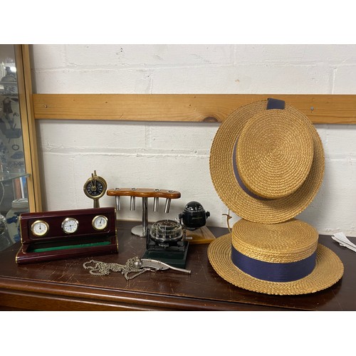 Two straw boaters, bosuns whistle, compass etc -