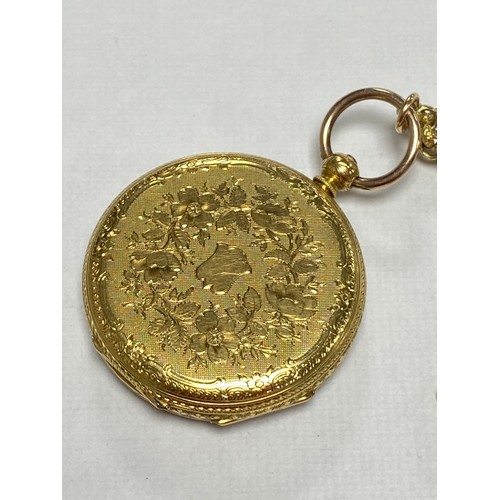 7 - An 18ct gold cased open face pocket watch, with roman markers and chased detail to dial, and an asso... 