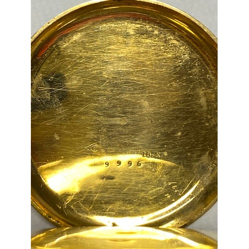 7 - An 18ct gold cased open face pocket watch, with roman markers and chased detail to dial, and an asso... 