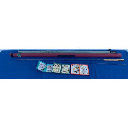 A Orvis Trout TL Tip Flux 9.5 fly fishing rod and a collection of flies in three carry cases -