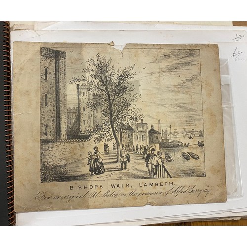 An album of 18th Century and later engravings, maps, sketches, including road map, continental scenes, etc -